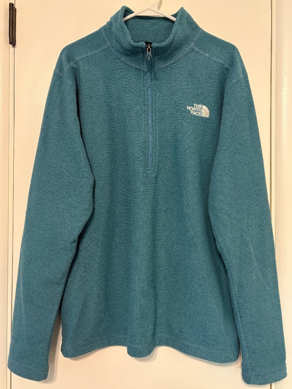 he North Face Men's L/S Textured Cap Rock Quarter-Zip Pullover Top L Teal Logo
